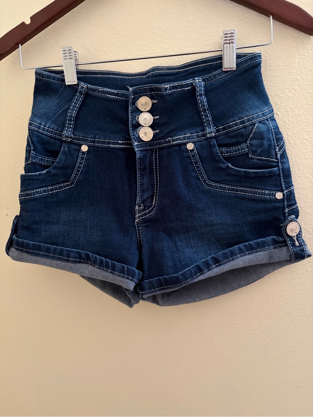 Vior Levanta Pompis Dark Wash High Rise Denim Shorts Stretch Cuffed Size 3